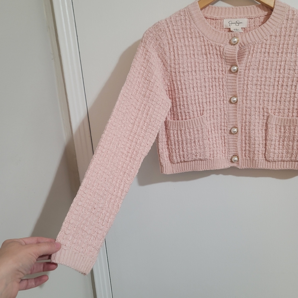 Jessica Simpson Pink Textured Knit Pearl Button Cropped Cardigan Sweater Jacket - Picture 3 of 6